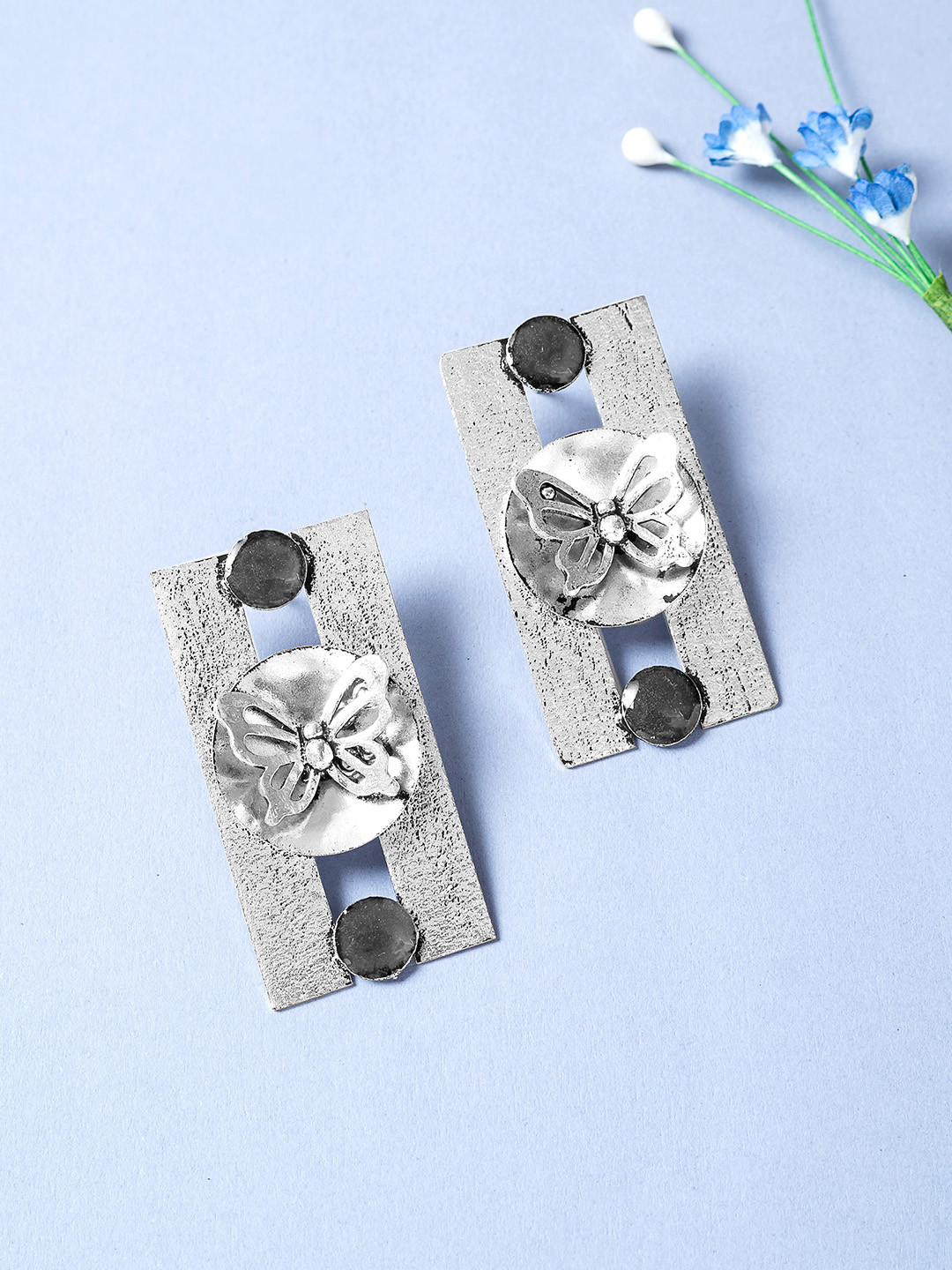 Golden Peacock Oxidised Silver-Toned & Black Handcrafted Enamelled Geometric Drop Earrings