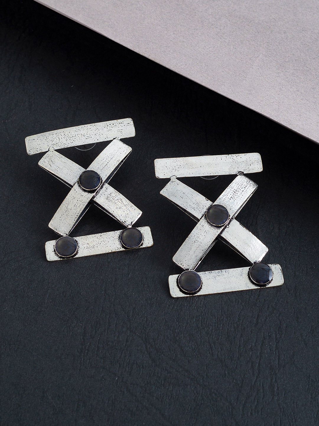 Golden Peacock Oxidised Silver-Toned & Grey Handcrafted Geometric Drop Earrings