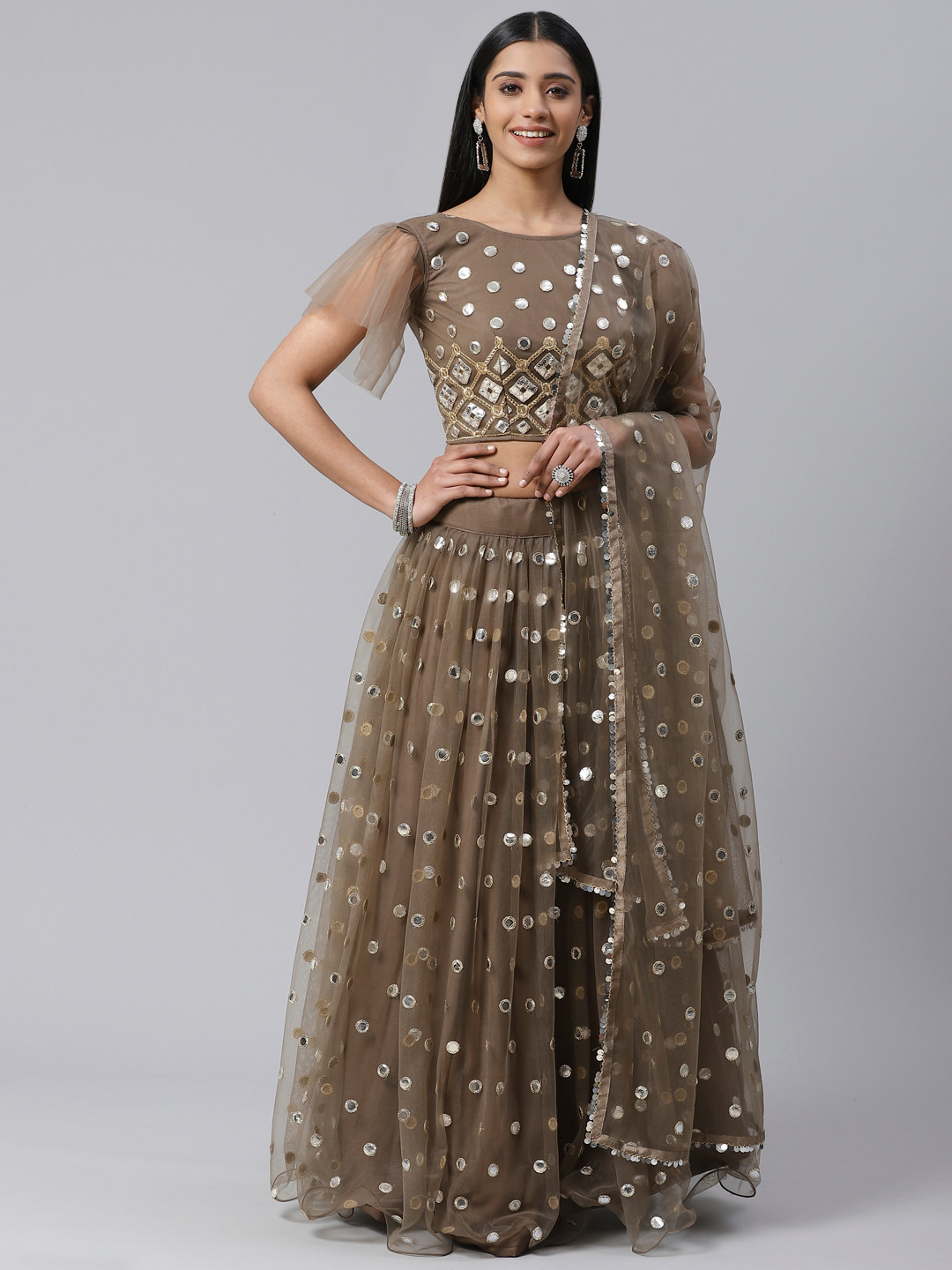 SHOPGARB Taupe & Silver Foil Zari Semi-Stitched Lehenga & Unstitched Blouse with Dupatta