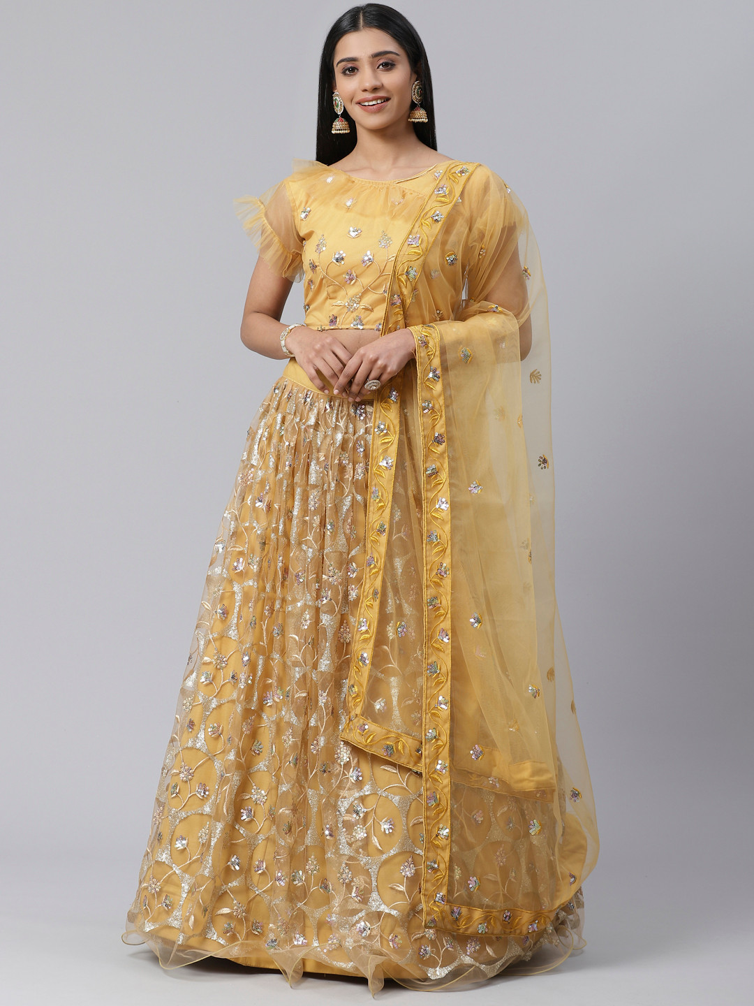 SHOPGARB Mustard Yellow & Golden Semi-Stitched Lehenga & Unstitched Blouse with Dupatta