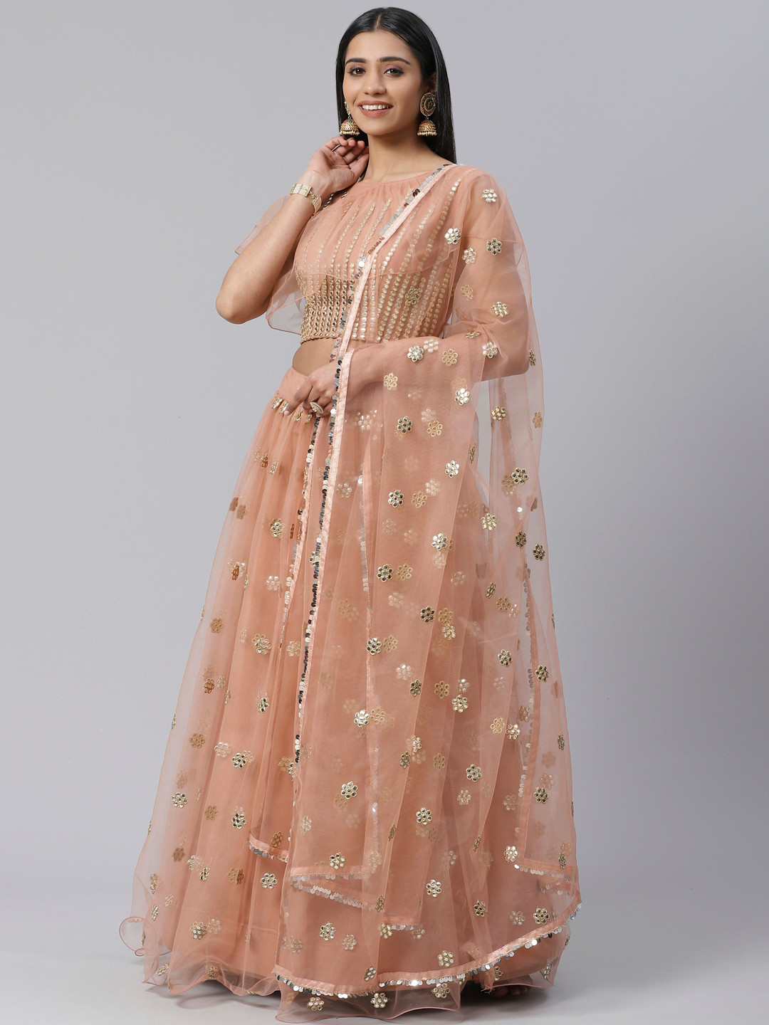 SHOPGARB Peach-Coloured & Silver-Toned Embroidered Semi-Stitched Lehenga & Unstitched Blouse with Dupatta