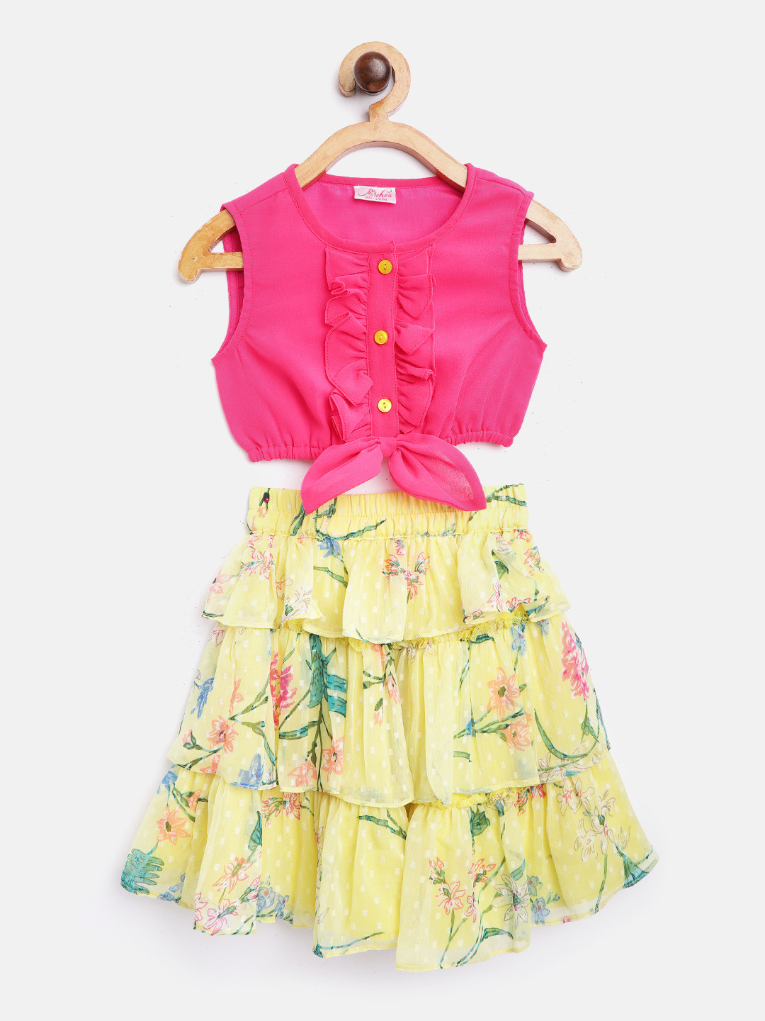 pspeaches Girls Pink & Yellow Solid Blouson Ruffled Top with Tiered Skirt