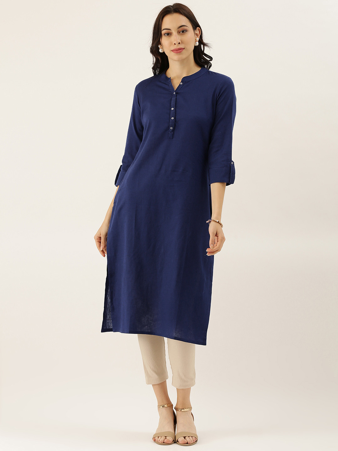Divena Women Navy Blue Solid Roll-Up Sleeves Roll-Up Sleeves Kurta