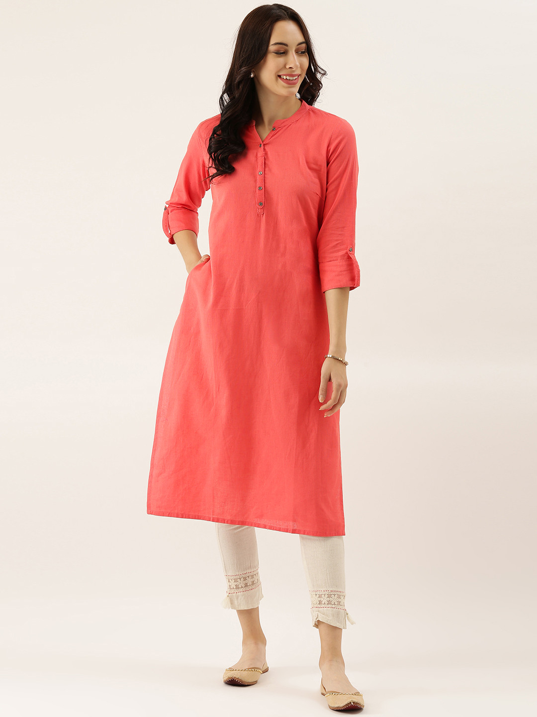 Divena Women Peach-Coloured Solid Mandarin Collar Roll-Up Sleeve Kurta