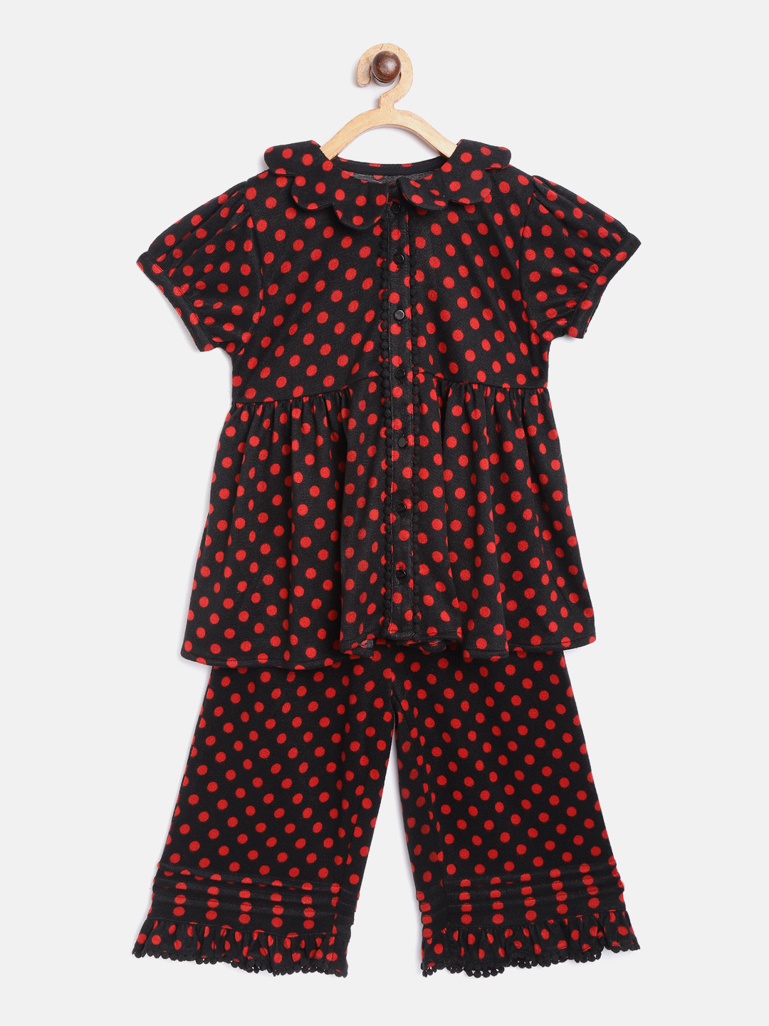 Cherry Crumble Girls Black & Red Polka Dot Print Cotton Night suit