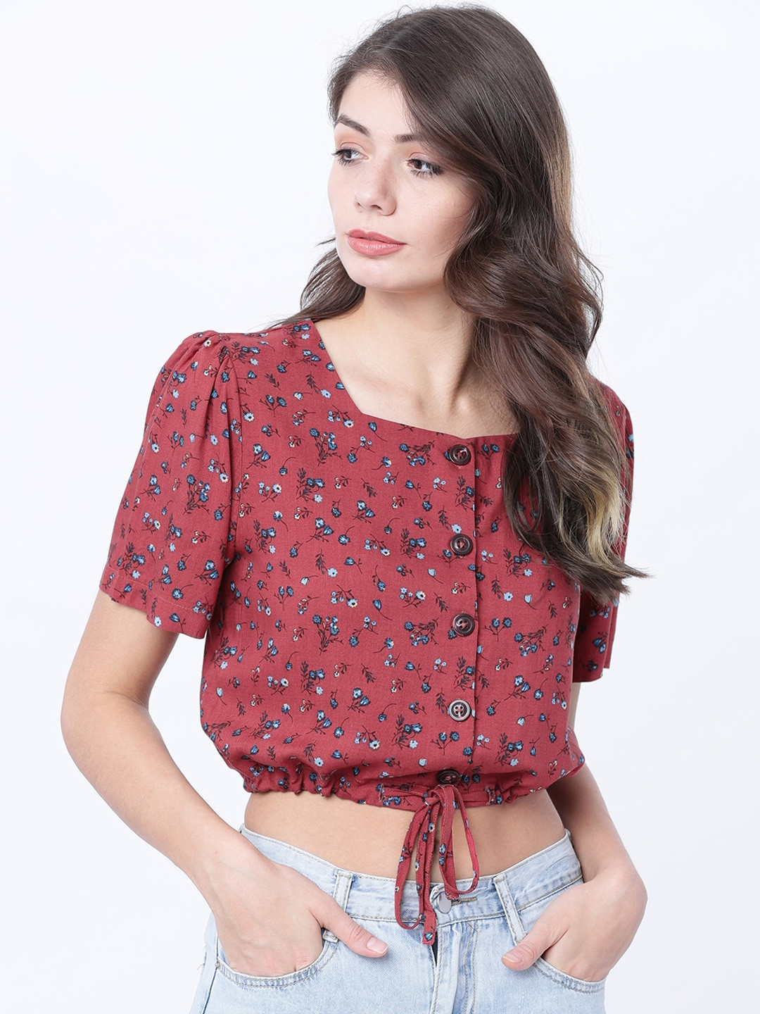 Tokyo Talkies Women Burgundy Printed Blouson Top