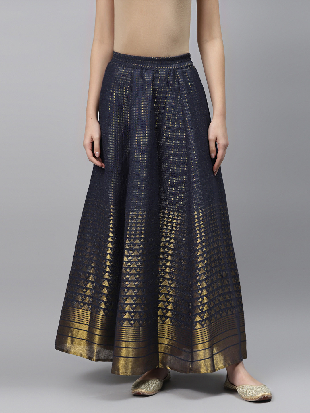 AURELIA Women Navy Blue & Golden Woven Design Flared Maxi Skirt