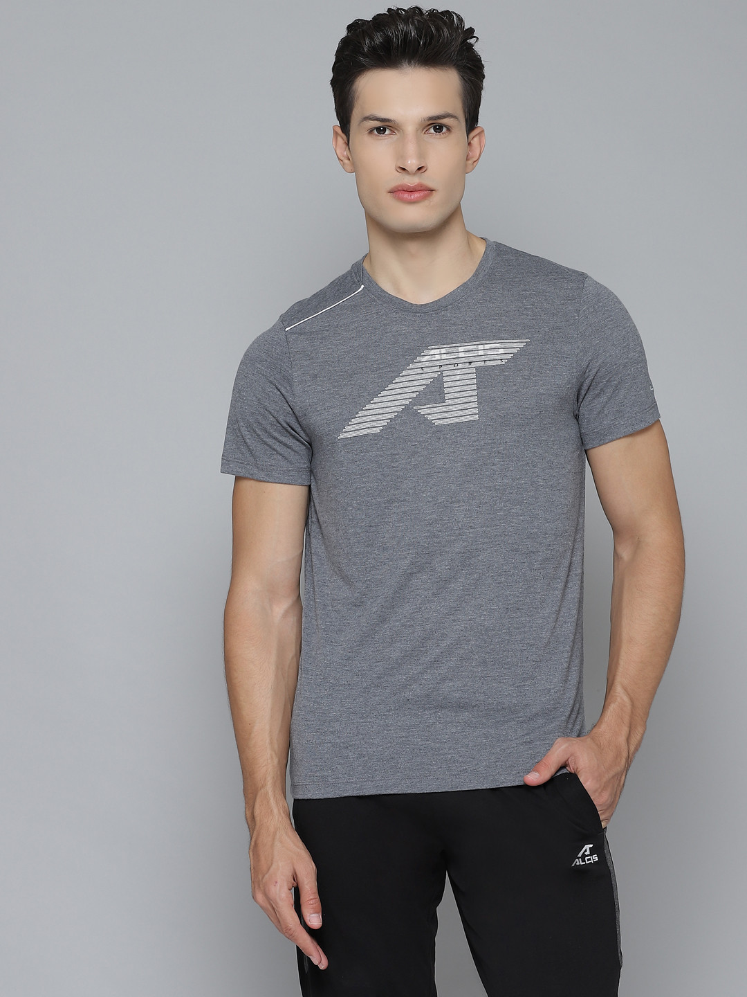 Alcis Men Charcoal Grey & White Brand Logo Printed Round Neck Sports T-shirt