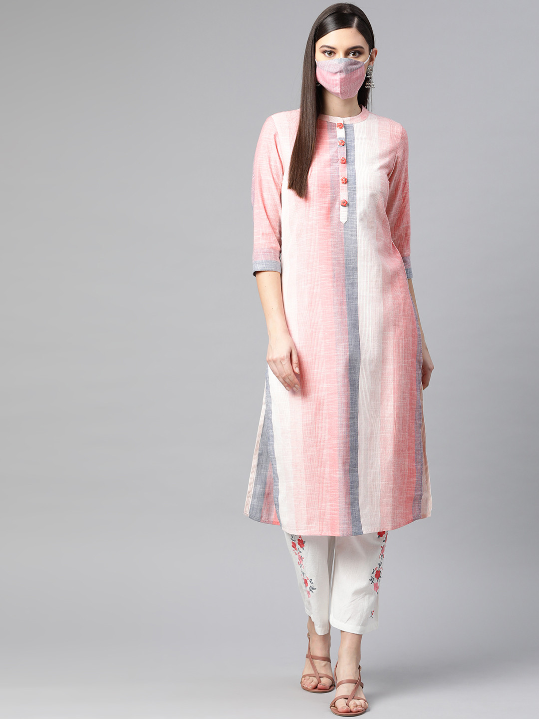 PIROH Women Pink & White Striped Kurta with Trousers