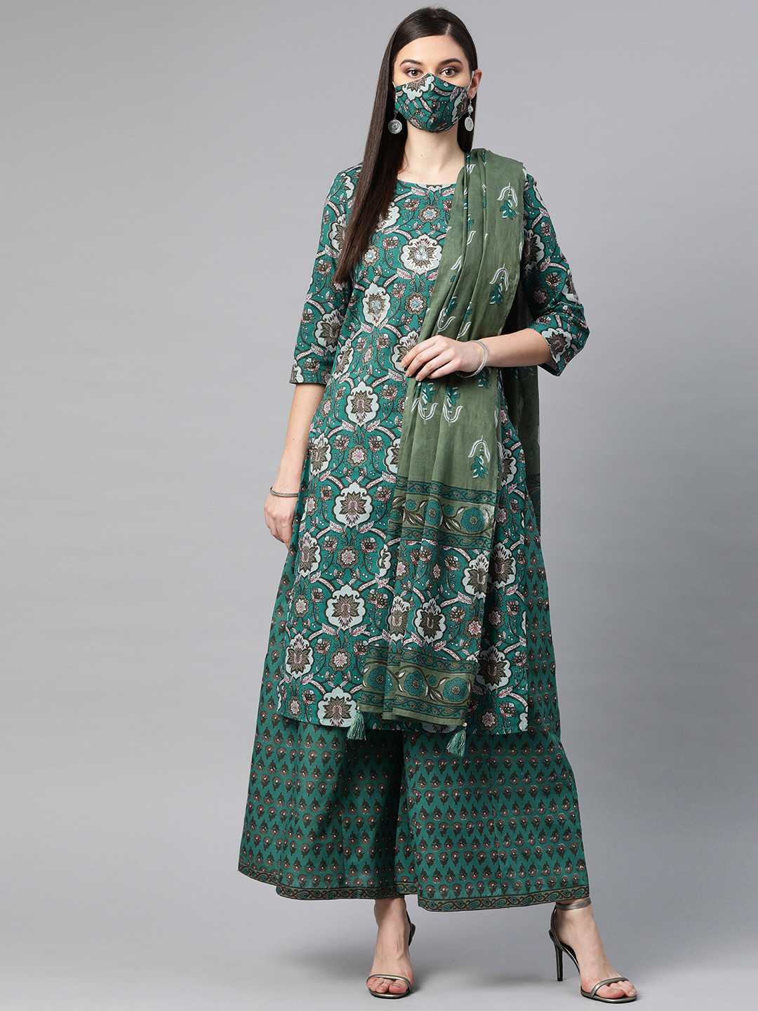 PIROH Women Green  Grey Printed Kurta Set With Dupatta
