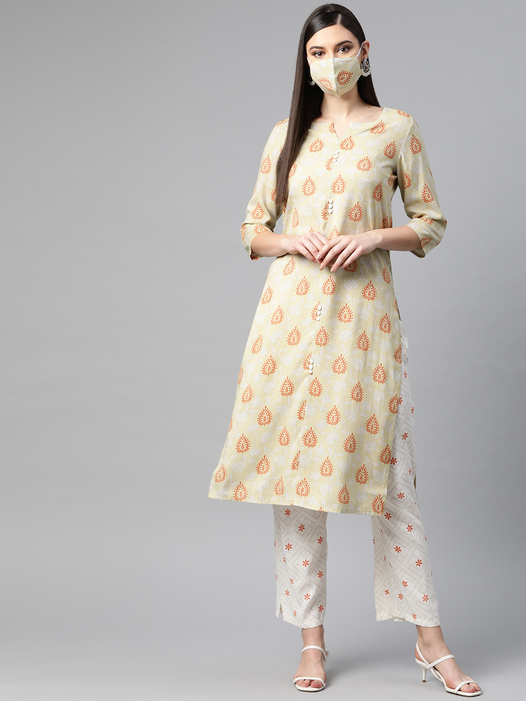 PIROH Women Beige & Off-White Printed Kurta with Trousers