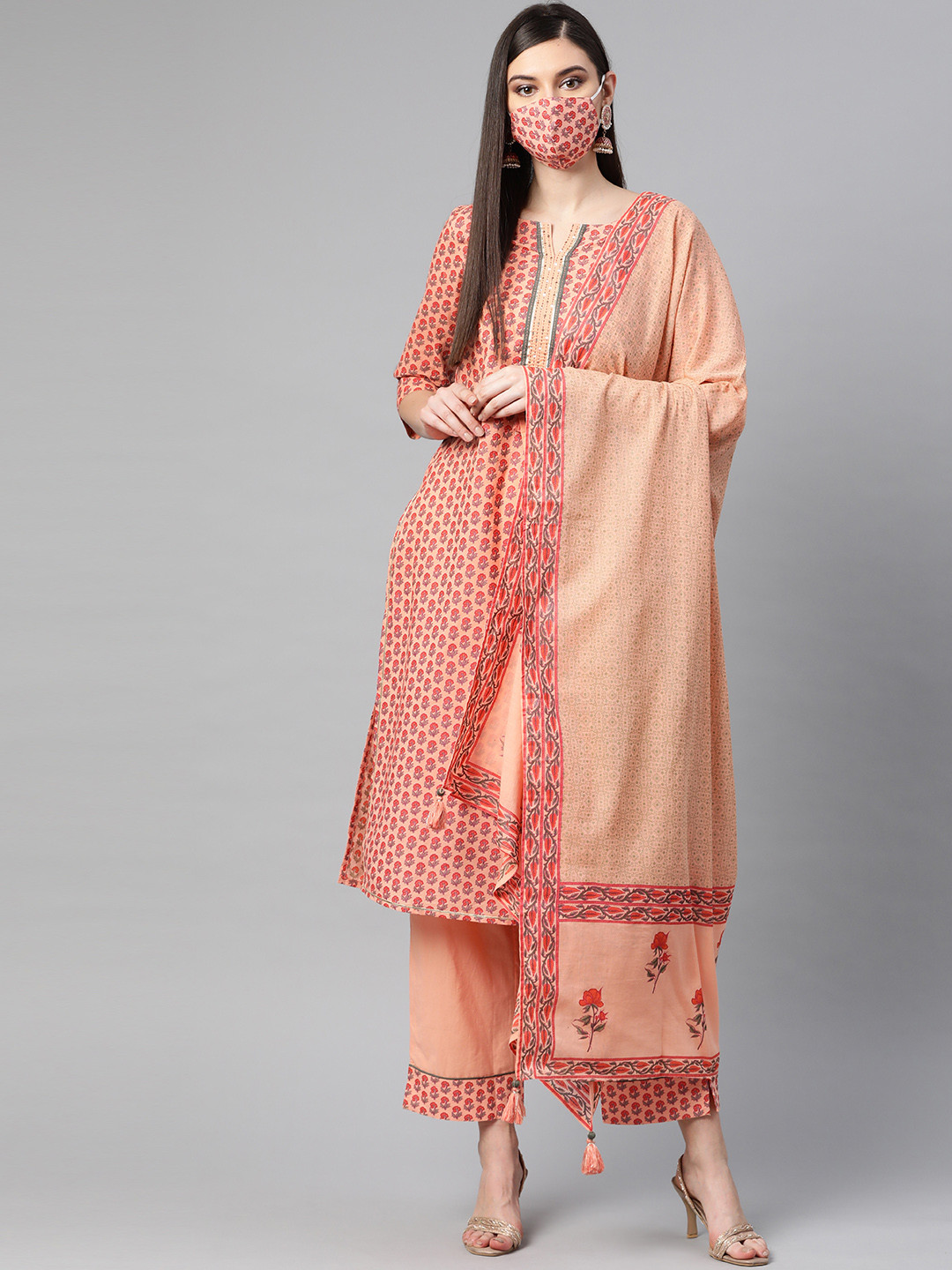 PIROH Women Peach-Coloured Printed Kurta Set With Dupatta