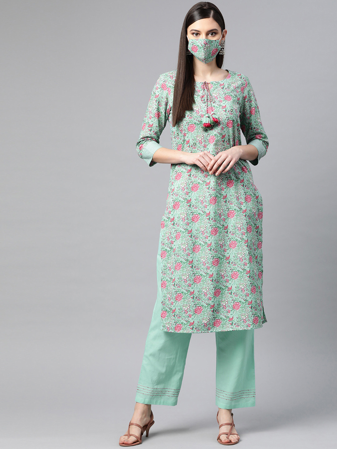 PIROH Women Green  Red Printed Kurta with Palazzos