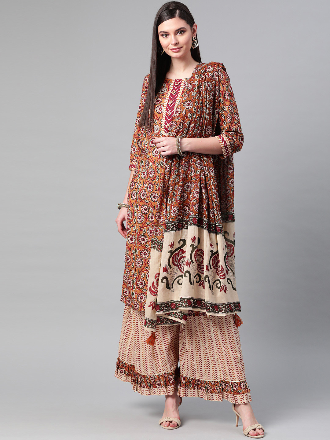 PIROH Women Mustard Brown & Beige Printed Kurta with Palazzos & Dupatta