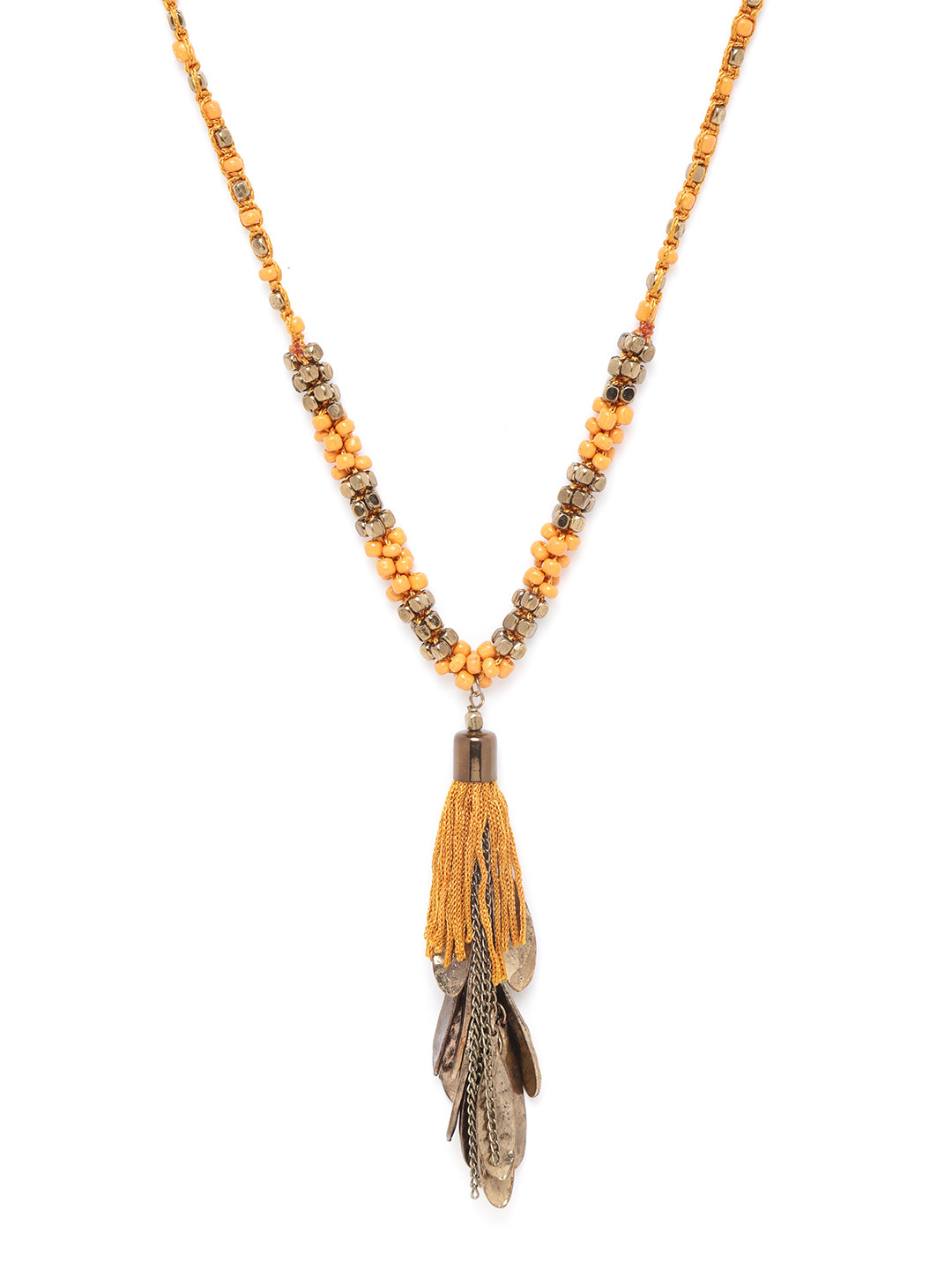 RICHEERA Women Mustard Yellow Antique Gold-Plated Beaded Necklace