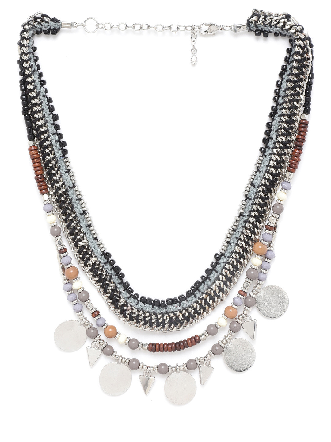 RICHEERA Grey & Black Silver-Plated Beaded Layered Tribal Necklace