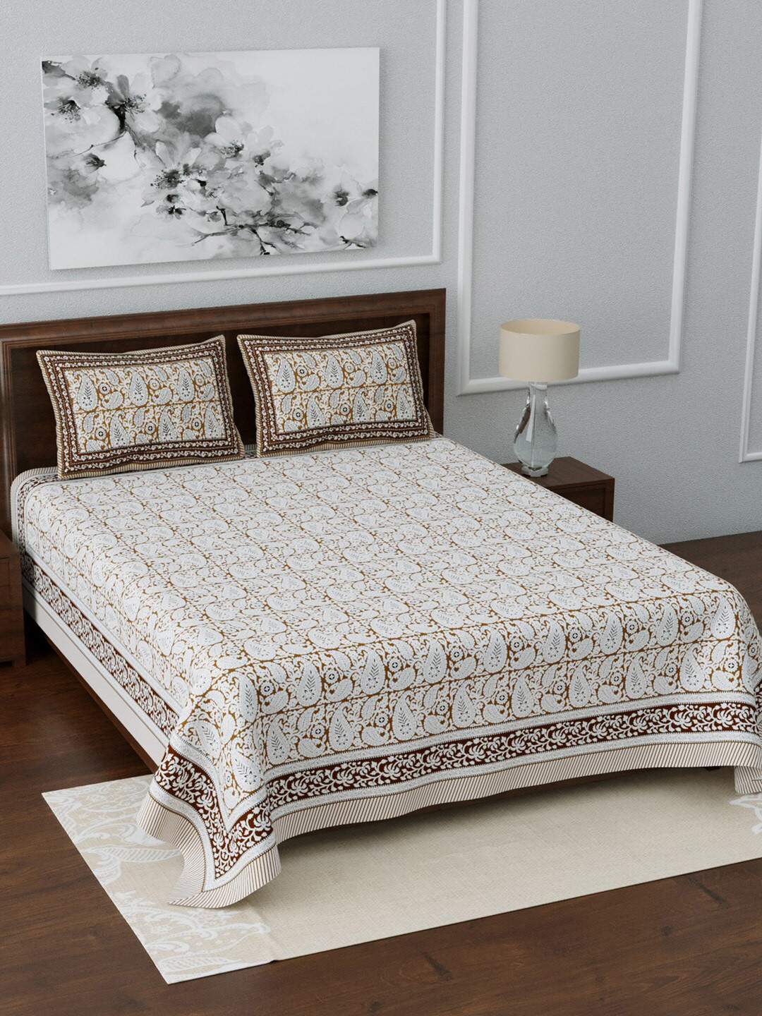 LIVING ROOTS Jaipuri White Ethnic Motifs Cotton 210 TC King Fine Bedsheet with 2 Pillow Covers-108 x 100 inches
