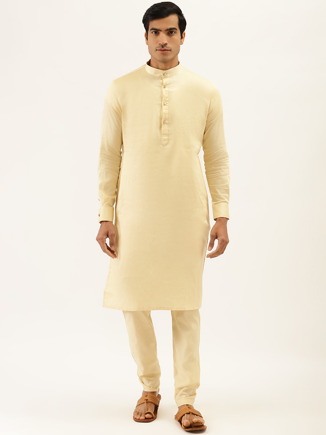 Manyavar Men Beige Solid Kurta with Pyjamas