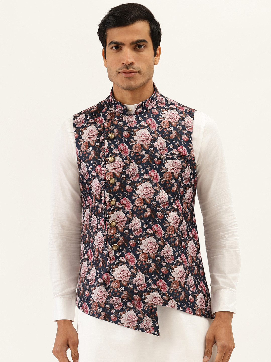 Manyavar Men Navy Blue & Pink Floral Printed Nehru Jacket