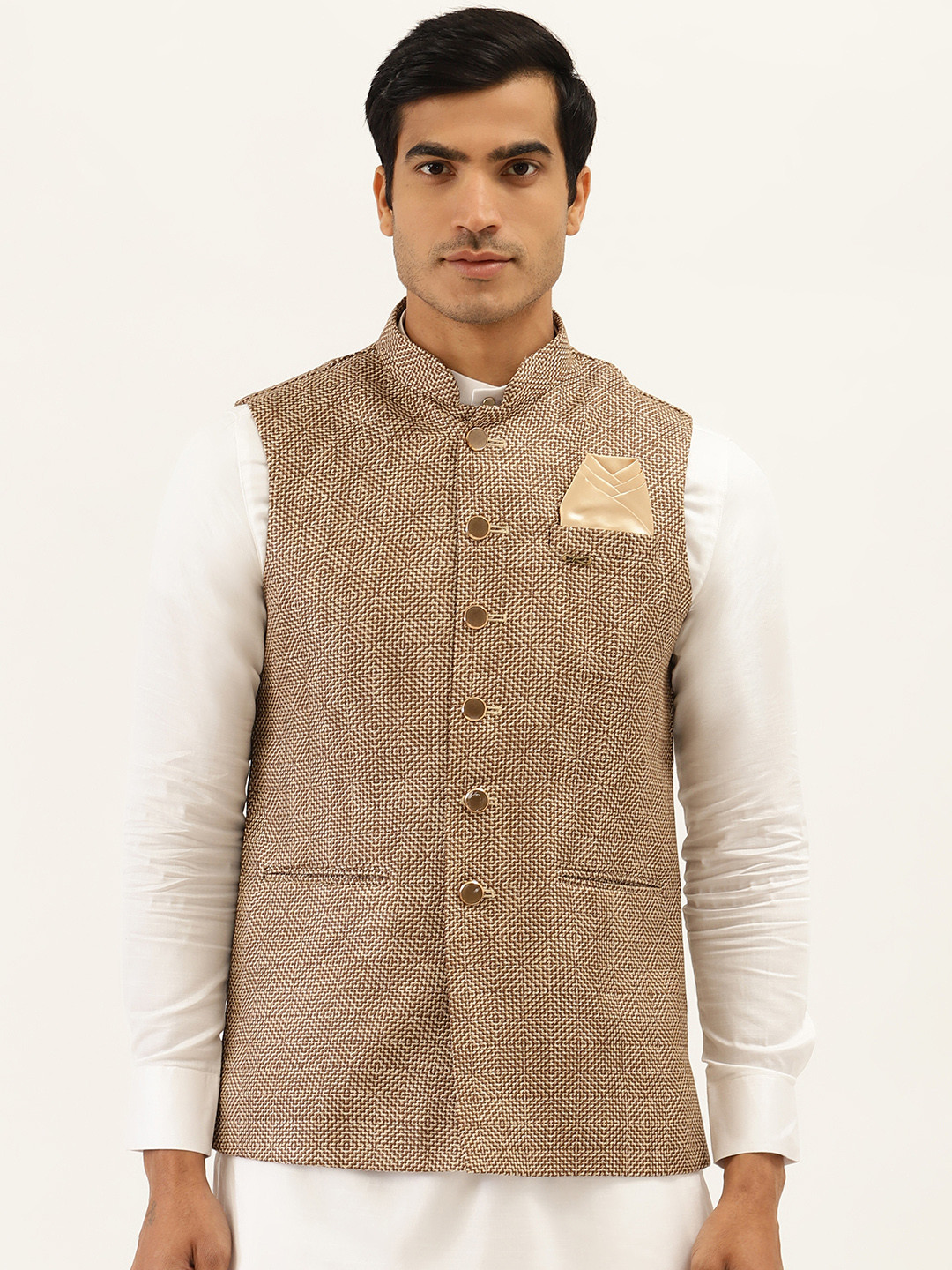 Manyavar Men Brown Woven Design Nehru Jacket with Pocket Square