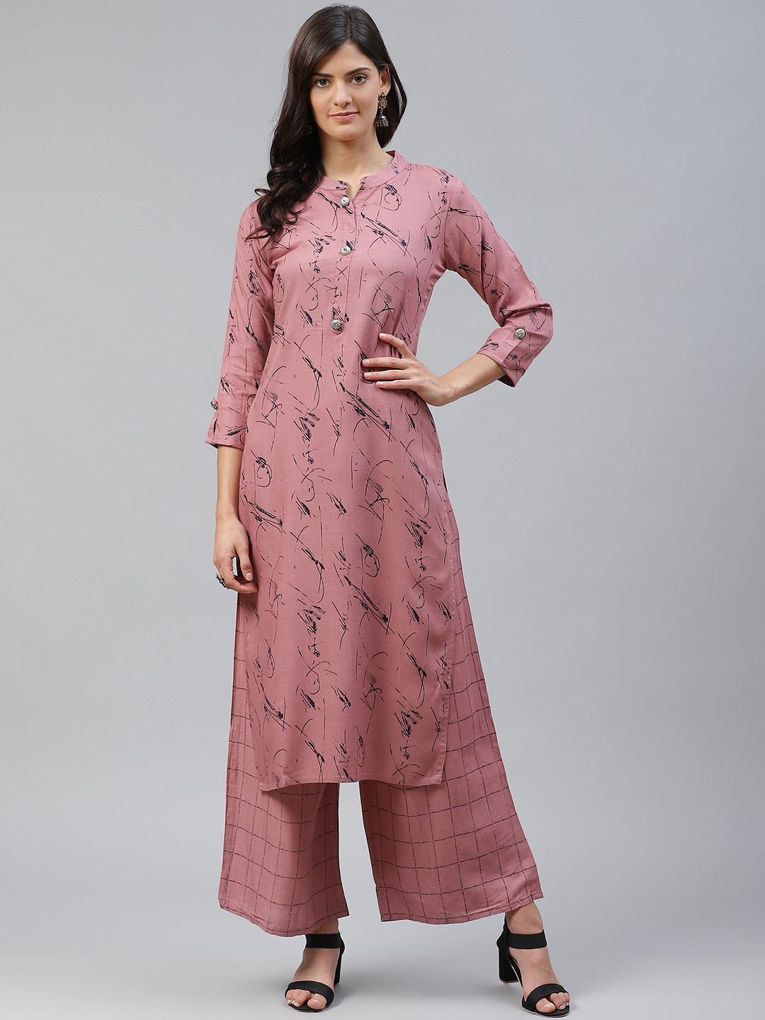 HIGHLIGHT FASHION EXPORT Women Mauve & Black Abstract Print Kurta with Palazzos