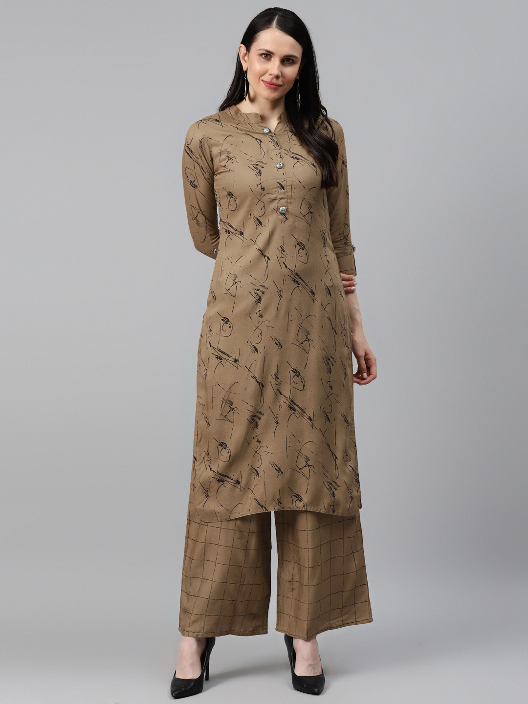 HIGHLIGHT FASHION EXPORT Women Brown & Black Printed Kurta with Palazzos