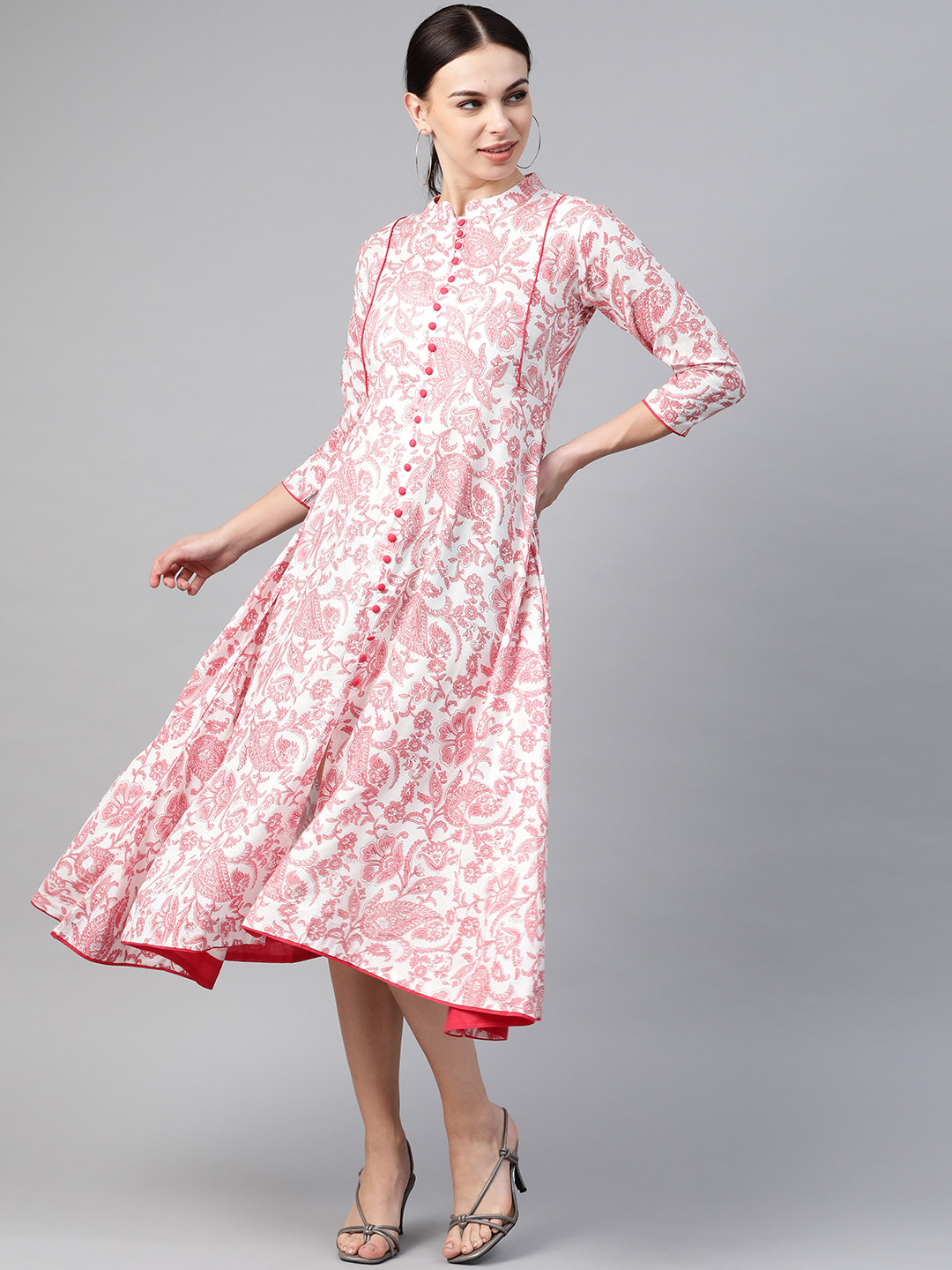 HIGHLIGHT FASHION EXPORT Women White & Pink Printed A-Line Midi Dress