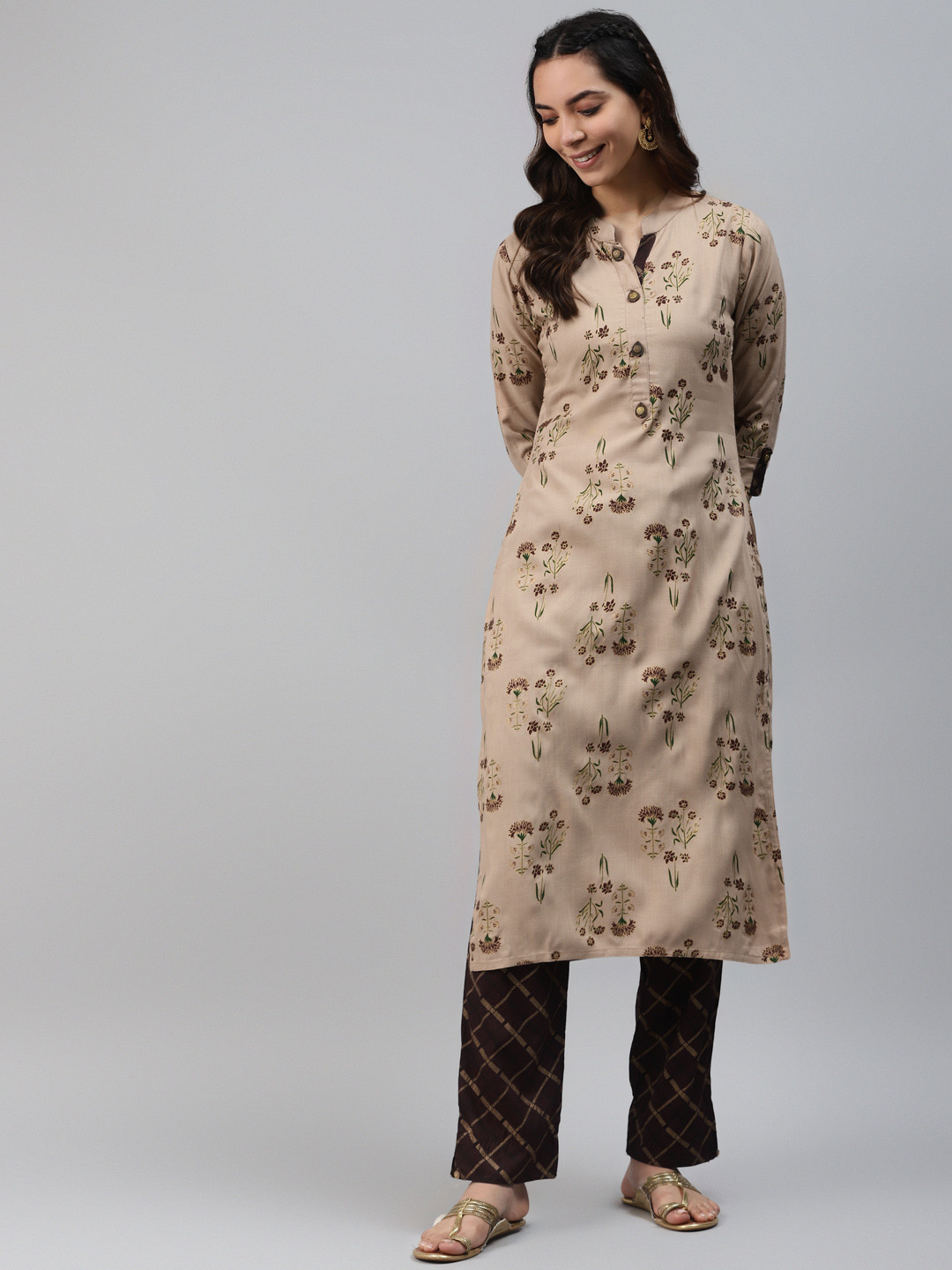 HIGHLIGHT FASHION EXPORT Women Beige & Brown Printed Kurta with Trousers