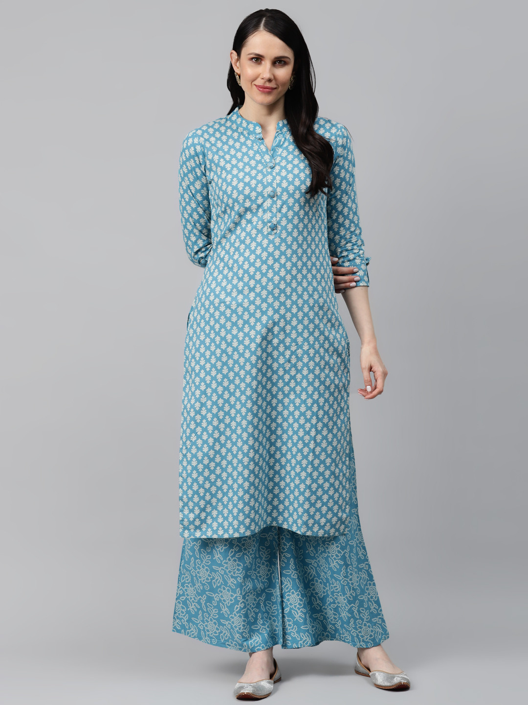HIGHLIGHT FASHION EXPORT Women Blue & White Printed Kurta with Palazzos