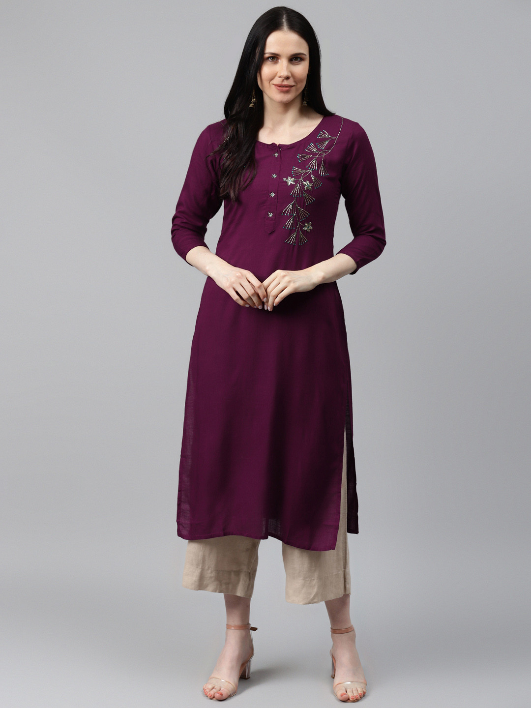 HIGHLIGHT FASHION EXPORT Women Purple & Golden Ethnic Embroidered Handwork Zardozi Kurta