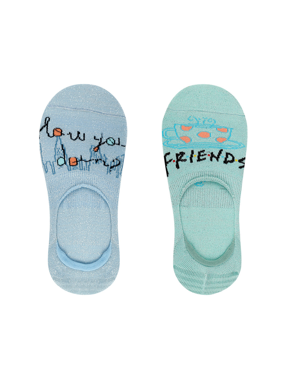 Socksxpress F.R.I.E.N.D.S Series Women Pack of 2 Blue & Green Patterned Shoe Liners
