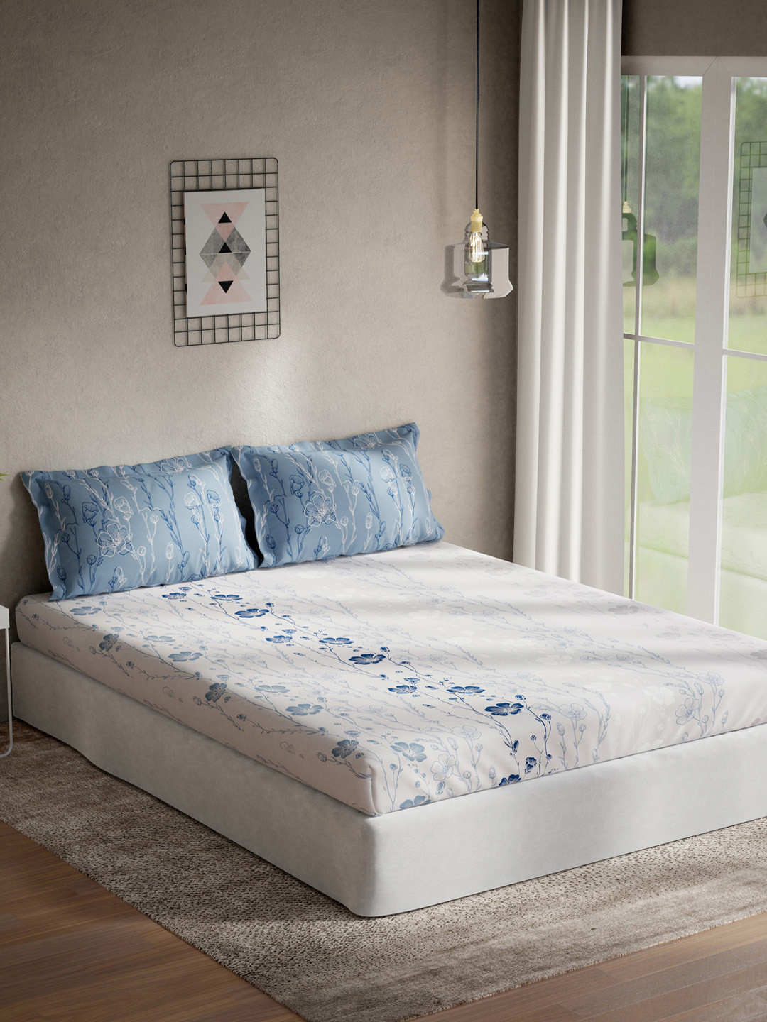 DDecor Grey & Blue Printed 144 TC Fitted King Bedsheet With 2 Pillow Covers