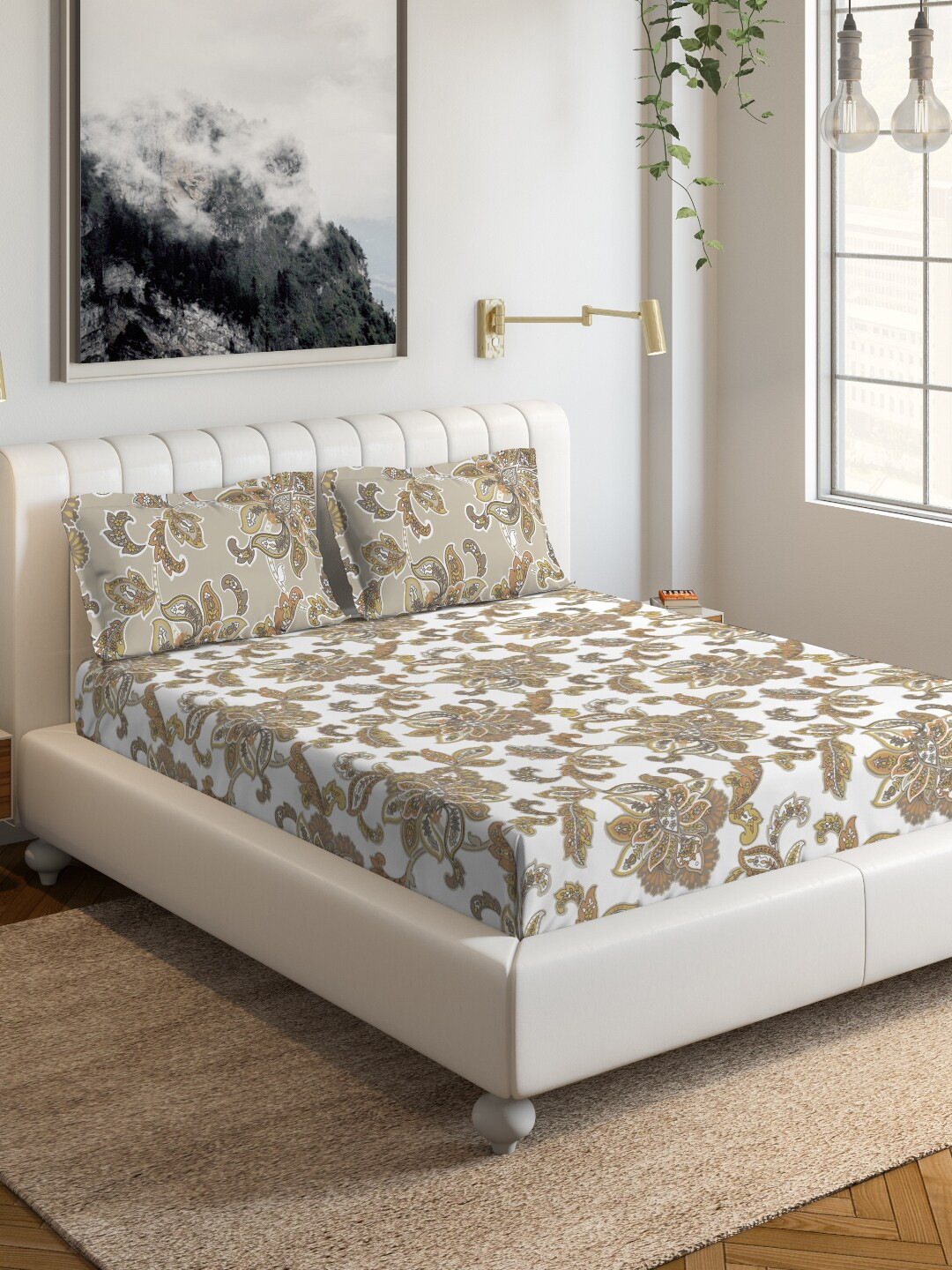 DDecor Brown & White Ethnic Motifs 144 TC  King Bedsheet with Two Pillow Covers