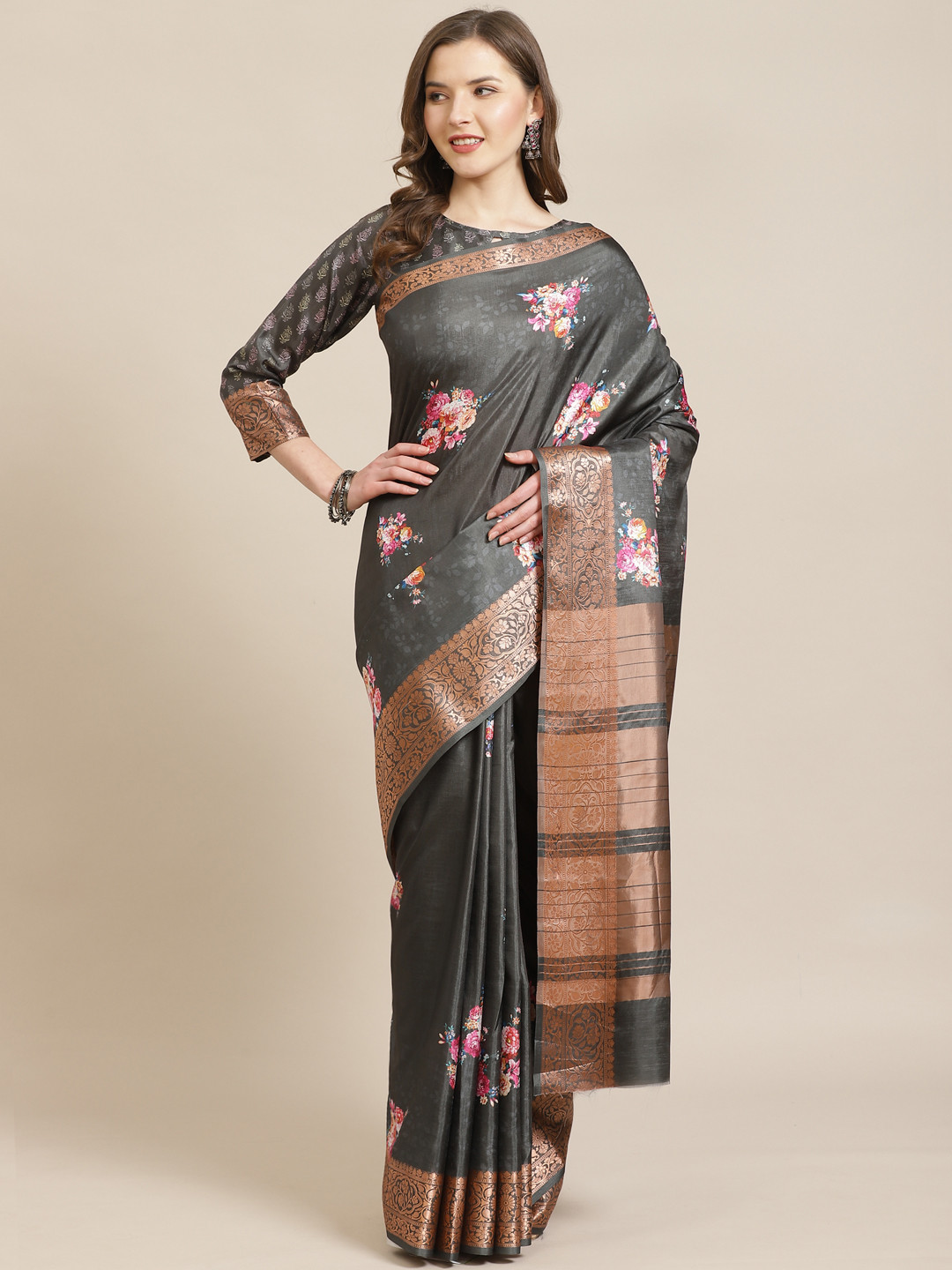 Kvsfab Grey & Pink Floral Print Zari Saree