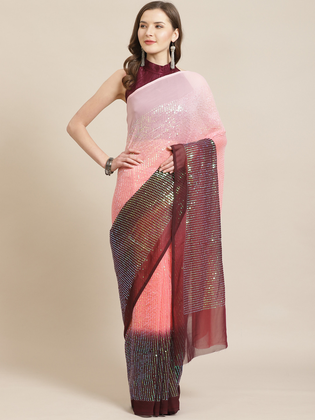 Kvsfab Pink & Burgundy Embellished Ombre Saree