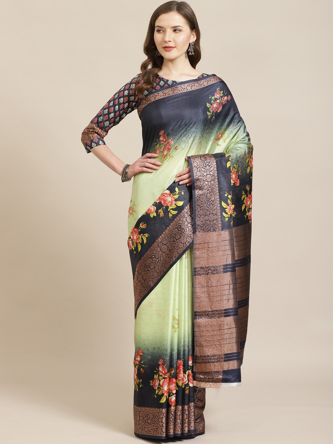 Kvsfab Navy Blue & Green Floral Print Zari Saree