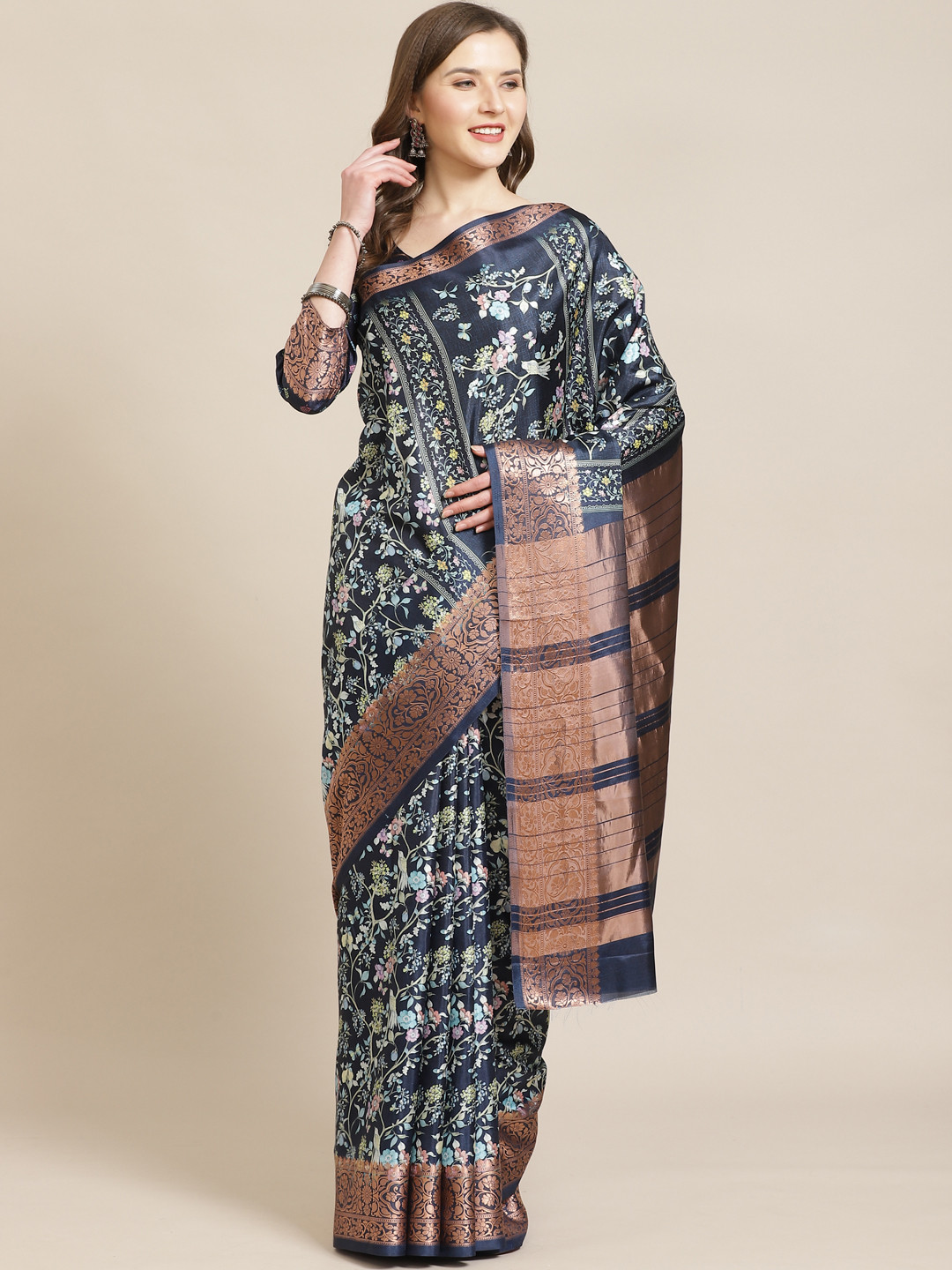Kvsfab Navy Blue & Rose Gold Floral Print Zari Saree