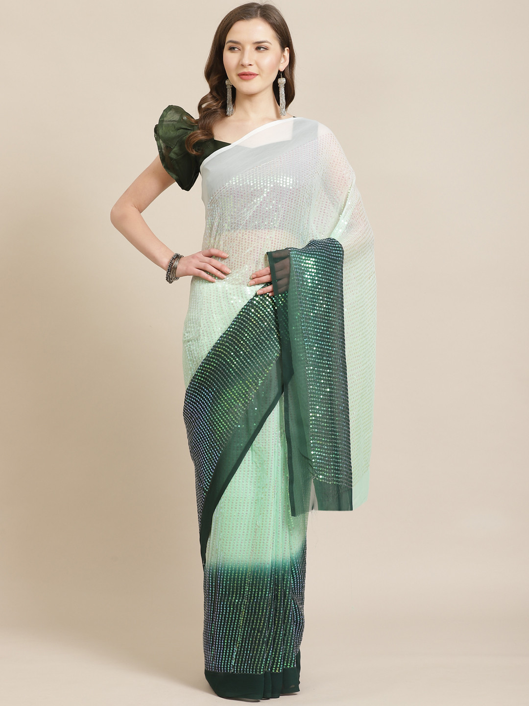 Kvsfab Green & White Embellished Ombre Saree