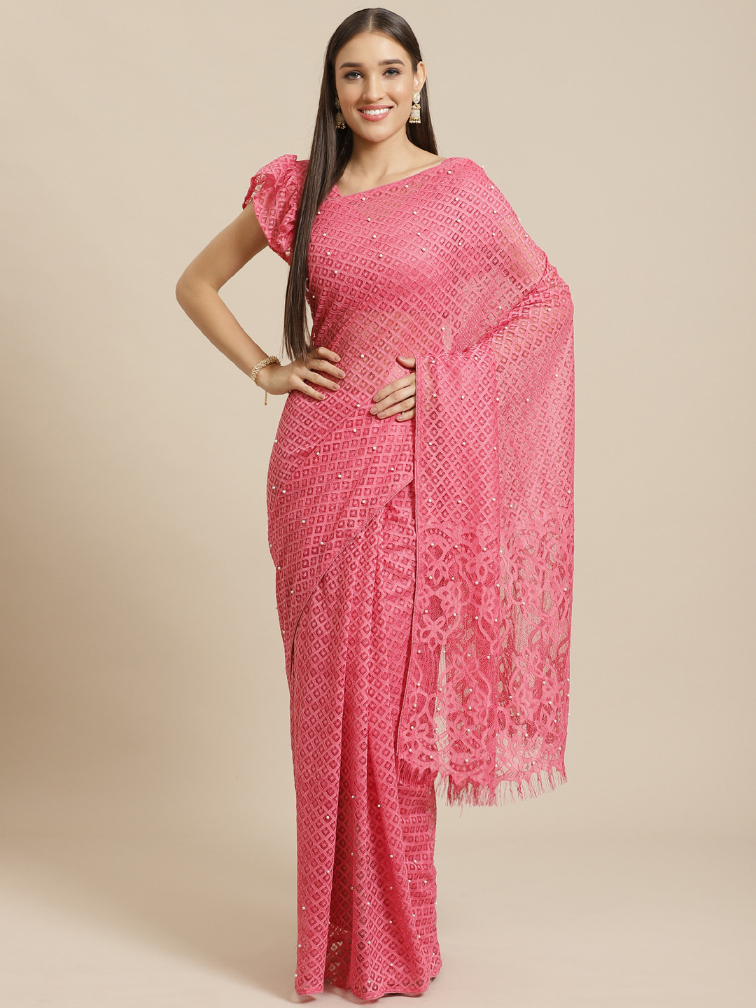 Saree mall Pink Embellished Supernet Saree