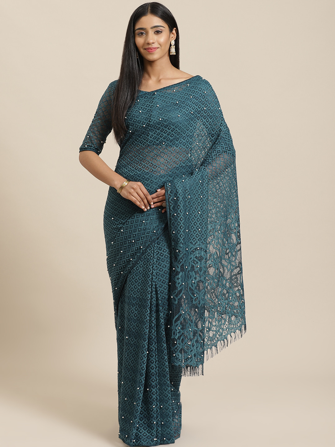 Saree mall Teal Blue Lace Supernet Saree