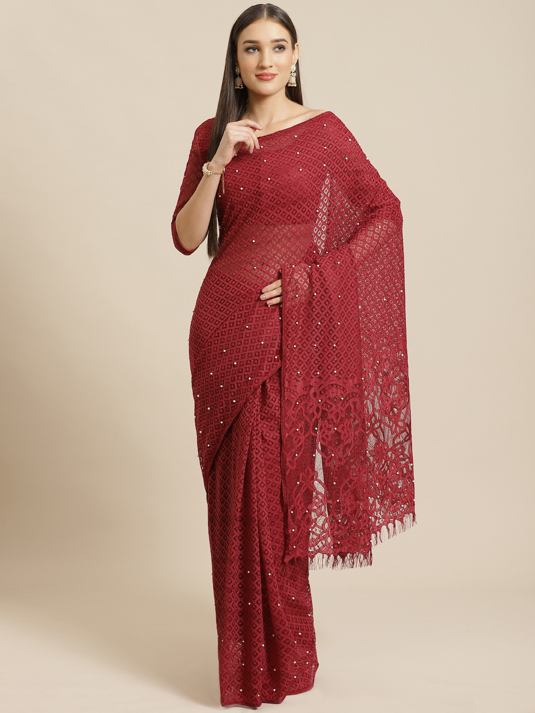 Saree mall Maroon Woven Design Supernet Saree
