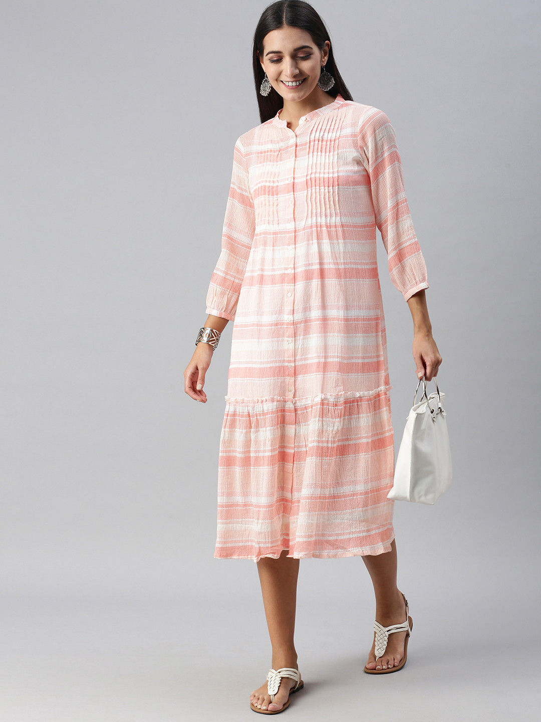 Global Desi Light Pink & White Striped Mandarin-Collar Tiered A-Line Dress