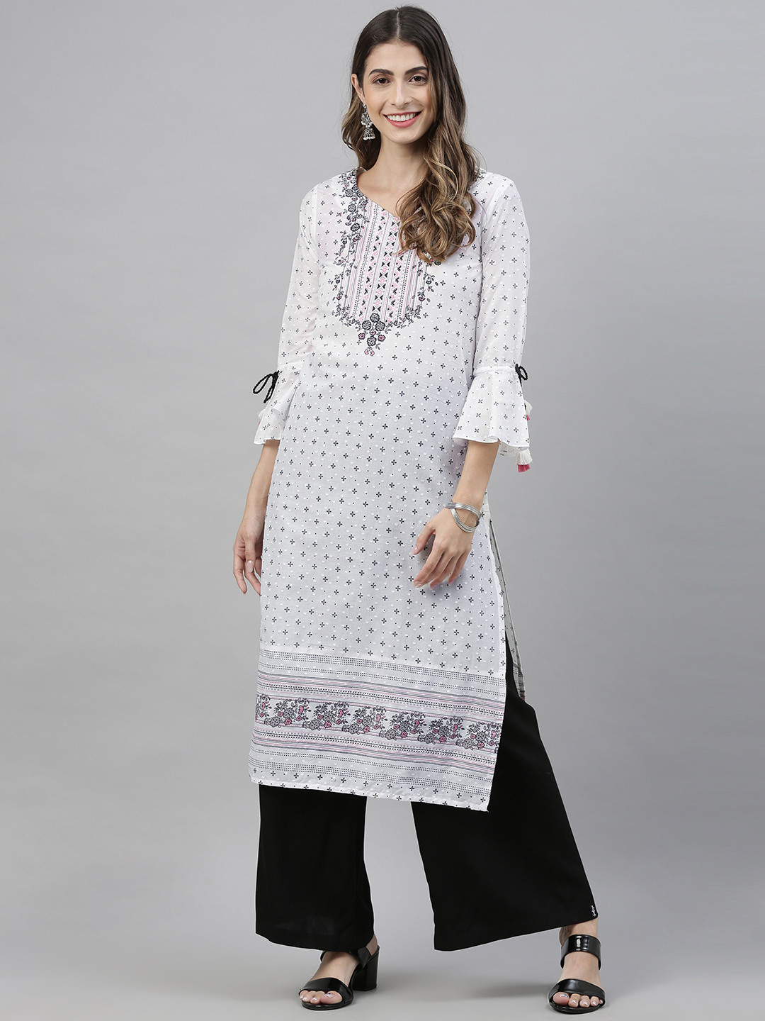 Global Desi Women White & Black Floral Printed Bell Sleeves Straight Kurta