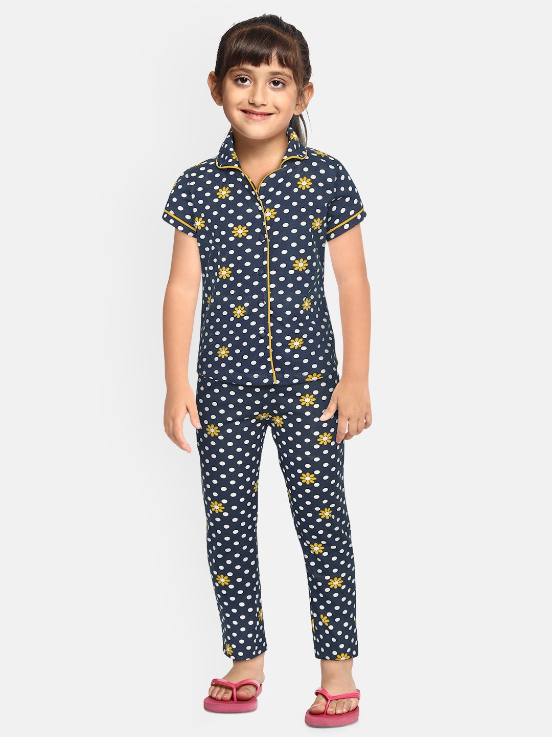 Sweet Dreams Girls Navy Blue & White Pure Cotton Floral & Dot Print Night suit
