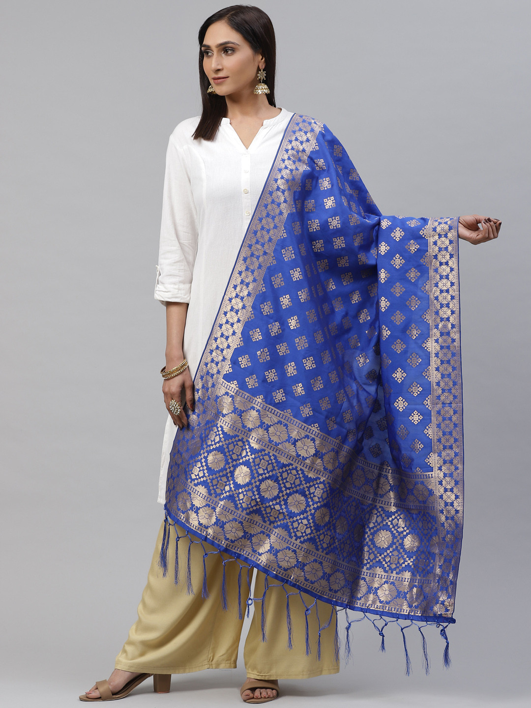 flaher Blue & Golden Woven Design Banarasi Dupatta