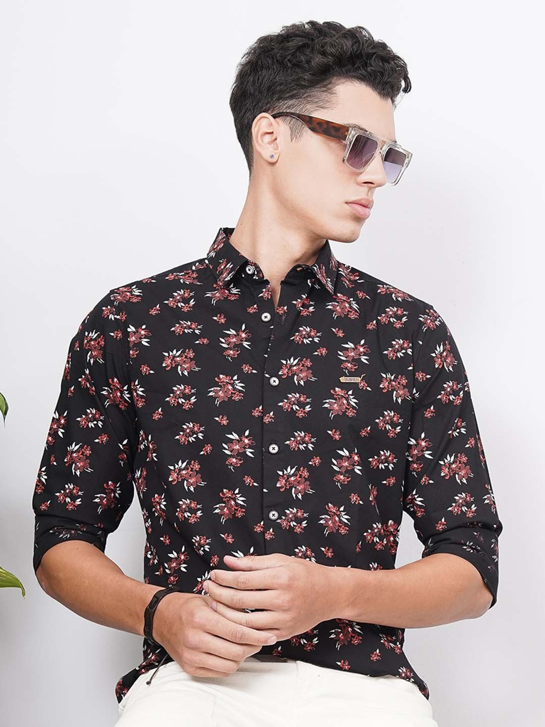 The Indian Garage Co Men Black & Rust Red Slim Fit Printed Casual Shirt