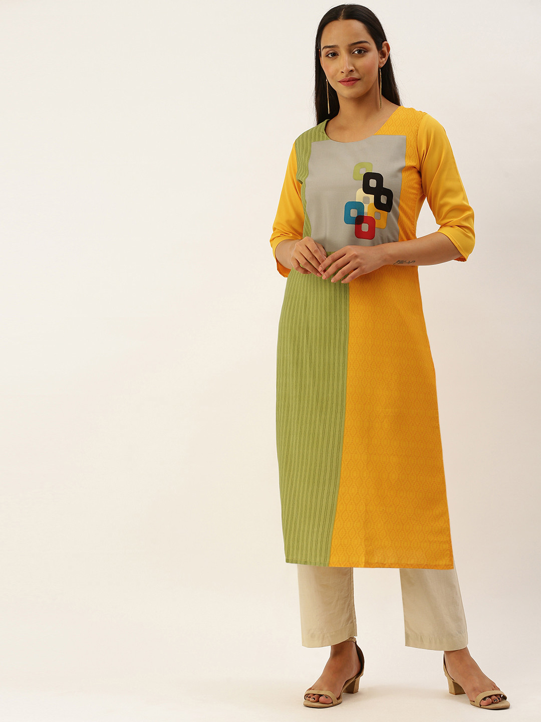 7Threads Women Yellow & Green Ethnic Motifs Printed Kurta