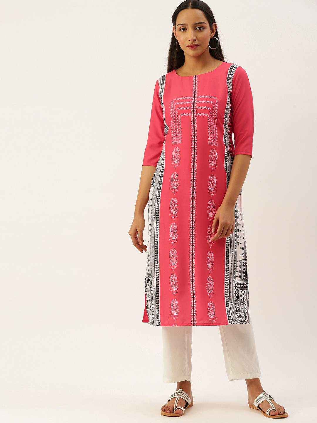 7Threads Women Pink & White Geometric Printed Kurta