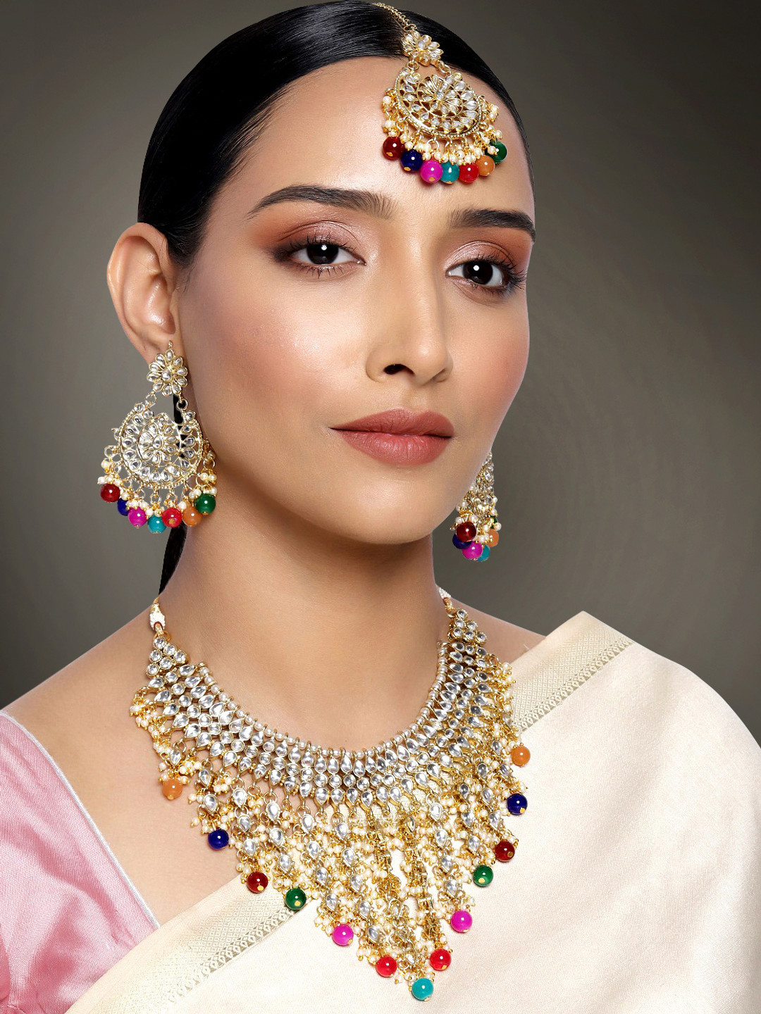 Peora White Multicolored Gold-Plated Studded Traditional Drop Jewellery Set