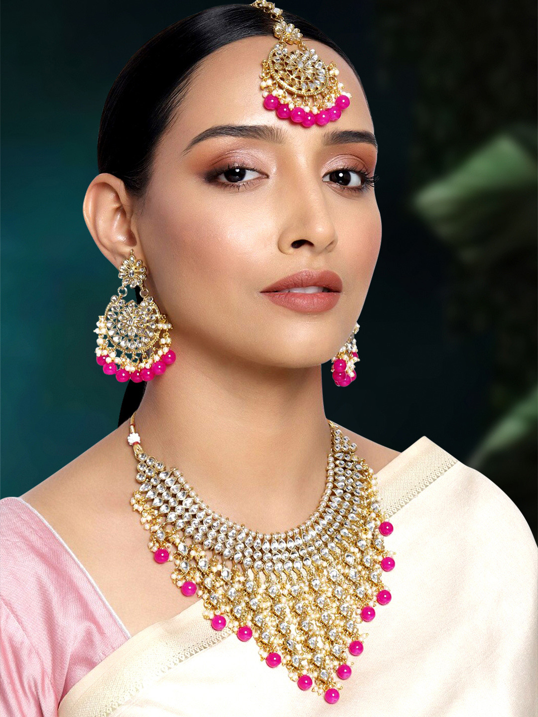 Peora White & Pink Gold-Plated Studded Traditional Drop Jewellery Set